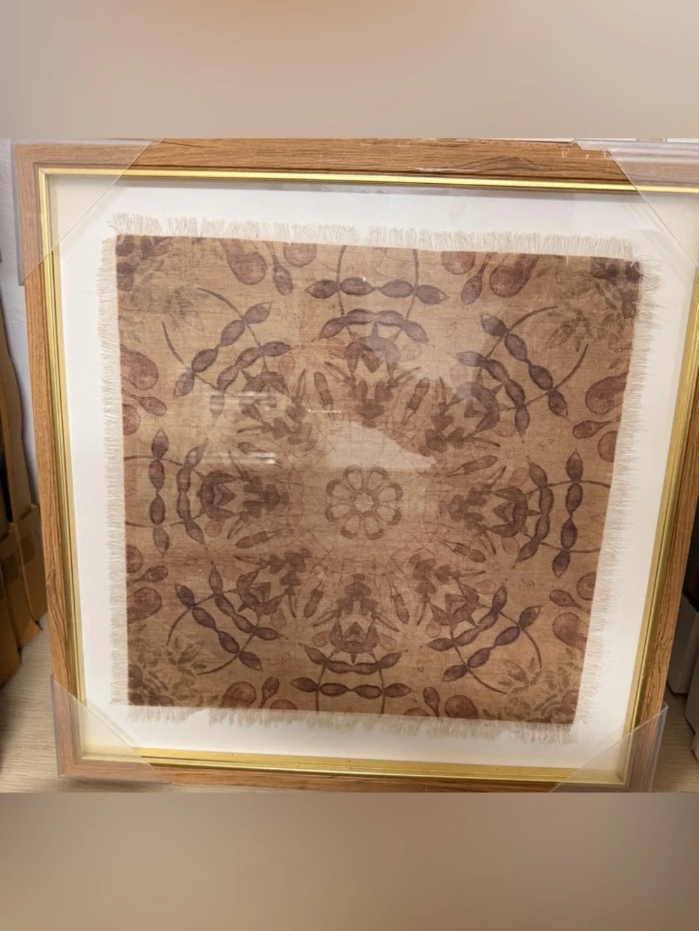 Framed Decorative Textile Tapestry Art with Radiant Mandala Pattern - Brown